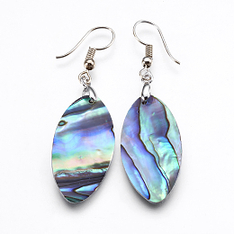 Honeyhandy Abalone Shell/Paua Shell Dangle Earrings, with Brass Findings, Horse Eye, Platinum, 53~53.5mm, Pin: 0.7mm