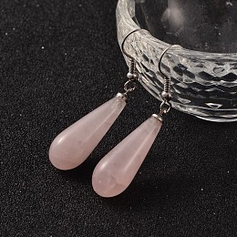 Honeyhandy Teardrop Platinum Tone Brass Natural Rose Quartz Dangle Earrings, 47mm, Pin: 0.7mm