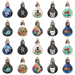 50Pcs 10 Styles Rack Plating Alloy Enamel Pendants, Cadmium Free & Nickel Free & Lead Free, Bulb with Pattern, Black, 28x17x2.5mm, Hole: 2mm, 5pcs/style