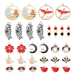 Honeyhandy 30Pcs 15 Style Light Gold Alloy Enamel Pendants, Japanese Dango & Sakura Flower & Fan & Paper Crane & Girl & Flat Round & Crescent Moon with Cat Shape & Fish & Koi Fish Flags, Mixed Color, 2pcs/style