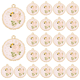 PandaHall Elite 30Pcs Rack Plating Alloy Enamel Pendants, Cadmium Free & Nickel Free & Lead Free, Light Gold, Flat Round with Flower & Bees, Pink, 28x25x1.5mm, Hole: 1.8mm