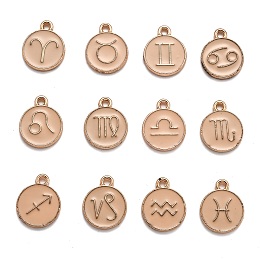 Honeyhandy Alloy Enamel Pendants, Flat Round with Constellation/Zodiac Sign, Golden, Navajo White, 15x12x2mm, Hole: 1.5mm, about 12pcs/set