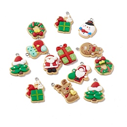 Honeyhandy Christmas Theme Opaque Resin Pendants, with Platinum Tone Iron Findings, Gift Box & Santa Claus & Christmas Tree & Wreath & Reindeer/Stag, Mixed Shapes, Mixed Color, 26~31x18~22x5~6mm, Hole: 2mm