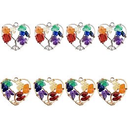 SUPERFINDINGS 8Pcs 2 Colors Heart Tree of Life Gemstones Pendant Crystal Quartz 7 Chakra Crystals Gemstones Charms Life of Tree Pendant Charms for Jewelry Making, Hole: 2mm