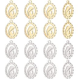 HOBBIESAY 16Pcs 2 Colors Our Lady Virgin Mary Charms 17.5x13.5mm Oval with Virgin Mary Pendants Italian Medal Charms Pendant for Jewelry Making or DIY Crafts, Hole: 1.5mm