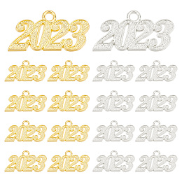 SUNNYCLUE 20Pcs 2 Colors Alloy Pendants, Year 2023, Golden & Silver, 18x34x2mm, Hole: 3.2mm, 10pcs/color