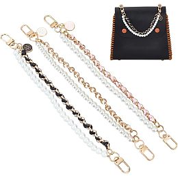 WADORN 3 Colors Pearl Purse Chain, 10.19 Inch Pearl Double Strand Handbag Handles Short Metal PU Leather Clutch Chain Strap with Enamel Flower Charm for Underarm Bags Evening Bags Accessories