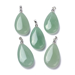 Honeyhandy Natural Green Aventurine Pendants, with Brass Finding, Teardrop, 35x20x7.5~9mm, Hole: 4x3.5mm