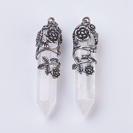 Honeyhandy Natural Quartz Crystal Pointed Pendants, with Antique Silver Plated Brass Findings, Faceted, Bullet, Flower, 58~61x15~17mm, Hole: 5x7mm