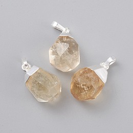 Honeyhandy Natural Citrine Pendants, with Brass Bails, Faceted, Teardrop, Silver Color Plated, 19~21x12~14x11~15mm, Hole: 5x3mm