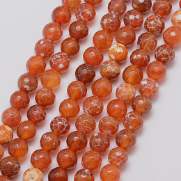 Honeyhandy Natural Fire Crackle Agate Bead Strands, Round, Grade A, Faceted, Dyed & Heated, Orange Red, 8mm, Hole: 1mm, about 47pcs/strand, 15 inch