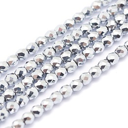 Honeyhandy Electroplate Non-magnetic Synthetic Hematite Beads Strands, Grade A, Vacuum Plating, Faceted, Round, Platinum Plated, 4mm, Hole: 1mm, about 105pcs/strand, 15.7 inch(40cm)