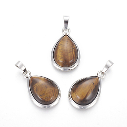 Honeyhandy Natural Tiger Eye Pendants, with Brass Findings, teardrop, Platinum, 26x16~17x8~10mm, Hole: 8x5mm