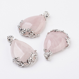 Honeyhandy Valentine Gifts Idea for Guys Natural Rose Quartz Pendants, with Brass Findings, Drop, Platinum, 38~41x26x8mm, Hole: 5x4mm