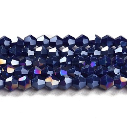 Honeyhandy Opaque Solid Color Electroplate Glass Beads Strands, AB Color Plated, Faceted, Bicone, Dark Blue, 4x4mm, Hole: 0.8mm, about 82~85pcs/strand, 30.5~31cm