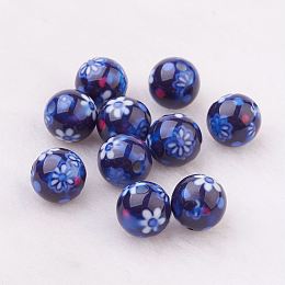 Honeyhandy Spray Painted Resin Beads, with Flower Pattern, Round, Dark Blue, 10mm, Hole: 2mm