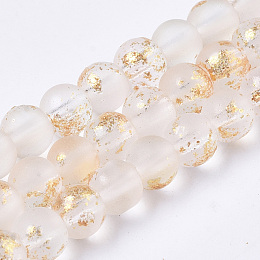 Honeyhandy Frosted Spray Painted Glass Beads Strands, with Golden Foil, Round, PapayaWhip, 4~5mm, Hole: 0.9~1.2mm, about 95~103pcs/Strand, 13.78 inch~14.88 inch(35~37.8cm)