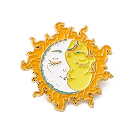 Honeyhandy Sun with Moon Enamel Pin, Golden Brass Brooch for Backpack Clothes, Gold, 34.5x36x2mm, Pin: 1.3mm.