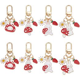 8pcs Enamel Rabbit Keychains, Flower Bunny Keychains with Strawberry Flower Charms Cute Easter Bunny Charms Mushroom Keychains for Women Handbags Party Decors Earphone Case Car Key