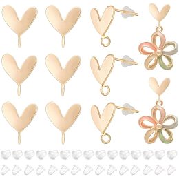 BENECREAT 12Pcs Real 16K Gold Plated Brass Heart Stud Earrings Finding with 925 Silver Pin and Vertical Loops, Earring Findings Ear Piercing Plugs for Anniversaries Gifts, Favors, Jewelry Making