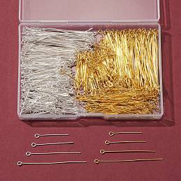 Honeyhandy 8 Styles Brass Eye Pins, Cadmium Free & Lead Free, Golden & Silver, 21 Gauge, 24~50x0.7mm, Hole: 2mm, 600pcs/box