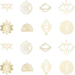 AHANDMAKER 16 Pcs Sun Moon Evil Eye Planet Charms, 8 Style Open Back Charms Flat Round Rhombus Shape Pendants for DIY Jewelry Hairpin Bracelet Earring Necklace