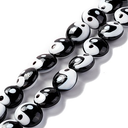 Honeyhandy Handmade Lampwork Beads Strands, Flat Round with Yin Yang Pattern, Black & White, 16~17x9mm, Hole: 1.2mm, about 25pcs/strand, 15.59 inch(39.6cm)