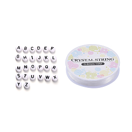 Honeyhandy 520Pcs Alphabet Acrylic Beads, with 1 Roll Elastic Crystal Thread, Flat Round, Letter A~Z, 7x4mm, Hole: 1mm, 26 letters, 20pcs/letter