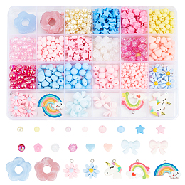 PandaHall Elite DIY Jewelry Making Finding Kit, Including Acrylic & Glass Pearl Beads, Resin Pendants, Heart & Bowknot & Flower & Rainbow & Unicorn & Flower, Mixed Color, 790Pcs/box