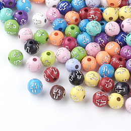 Arricraft Plating Acrylic Beads, Silver Metal Enlaced, Round with Cross, Mixed Color, 8mm, Hole: 2mm, about 1800pcs/500g