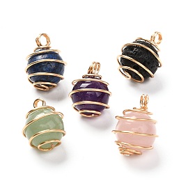 Honeyhandy Natural Mixed Gemstone Pendants, with Real 18K Gold Plated Eco-Friendly Copper Wire, Round, 18x12~13mm, Hole: 2.5~3mm