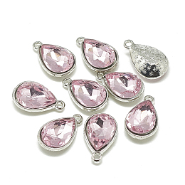 Honeyhandy Alloy Glass Pendants, Faceted, teardrop, Platinum, Pearl Pink, 19x12x6mm, Hole: 1.5mm