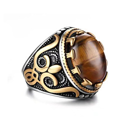 Honeyhandy Natural Tiger Eye Oval Finger Ring, Titanium Steel Wide Ring, Golden, US Size 9(18.9mm)