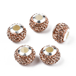 Honeyhandy Handmade Polymer Clay Rhinestone European Beads, with Silver Tone CCB Plastic Double Cores, Large Hole Beads, Rondelle, Jet Brown Flare, 12.5~13x10mm, Hole: 4.5mm