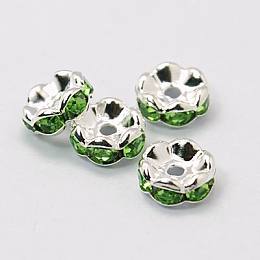 Honeyhandy Rhinestone Spacer Beads, Grade A, Green Rhinestone, Silver Color Plated, Nickel Free, about 6mm in diameter, 3mm thick, hole: 1mm