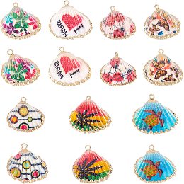 CHGCRAFT 14Pcs 7 Style Colorful Scallop Shell Pendants Electroplate Printed Natural Dangle Charm Hang Ornament with Golden Loops for DIY Jewelry Making Necklace Bracelet Charms Supplies, 23mm