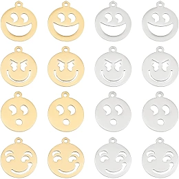 DICOSMETIC 16 Pcs 8 Styles Stainless Steel Face Pendants Golden Flat Round Charms 1.5mm Hollow Smiley Pendant Findings Accessory for Necklace Bracelet Jewelry Making Crafting