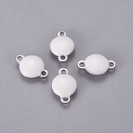 Honeyhandy 304 Stainless Steel Enamel Links connectors, Enamelled Sequins, Flat Round, Stainless Steel Color, White, 12x8x4mm, Hole: 1.4mm