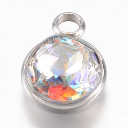 Honeyhandy 304 Stainless Steel Glass Rhinestone Charms, Faceted, Flat Round, Colorful, 14x10x7mm, Hole: 2.5mm