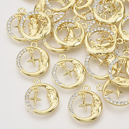 Honeyhandy Alloy Pendants, with Crystal Rhinestone, Flat Round with Star and Moon, Light Gold, 20x17x3mm, Hole: 1.8mm