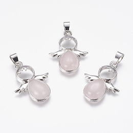 Honeyhandy Natural Rose Quartz Pendants, Angel, with Brass Finding, Platinum, 34x25.5x4.5~6.5mm, Hole: 4~5x7mm