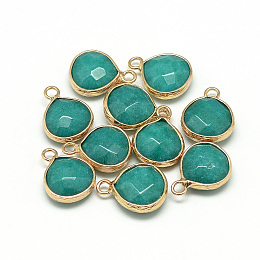 Honeyhandy Natural White Jade Pendants, with Nickel Free Brass Findings, Faceted, Dyed, Teardrop, Golden, Teal, 17.5x13.5x6.5mm, Hole: 2mm