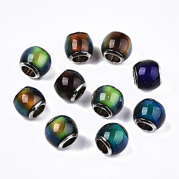 Glass European Beads, Large Hole Beads, with Platinum Tone Brass Double Cores, Rondelle, Mood Beads(Color will Change with Different Temperature), Colorful, 7~8x6~7mm, Hole: 4mm