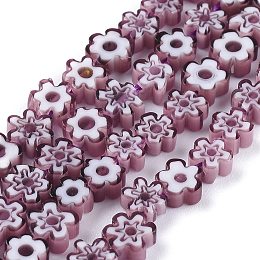 Honeyhandy Handmade Millefiori Glass Bead Strands, Flower, Purple, 4~7.2x2.6mm, Hole: 1mm, about 60~69pcs/Strand, 16 inch(40cm)