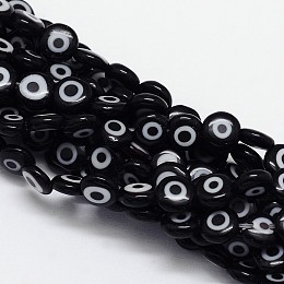 Honeyhandy Handmade Evil Eye Lampwork Flat Round Bead Strands, Black, 6x3mm, Hole: 1mm, about 65pcs/strand, 14 inch