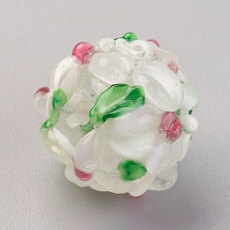 Honeyhandy Handmade Lampwork Beads, Rondelle with Flower, Bumpy, WhiteSmoke, 14~15x12~13mm, Hole: 1.5~1.8mm