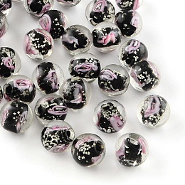 Honeyhandy Handmade Luminous Inner Flower Lampwork Beads, Round, Black, 8mm, Hole: 1mm