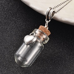 Honeyhandy Glass Bottle European Dangle Charms, with Alloy Heart Charm and Iron Findings, Wooden Bungs, Antique Silver, 34x13mm, Hole: 4.5mm, Capacity: 3.5ml(0.11 fl. oz)