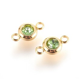 Honeyhandy 304 Stainless Steel Rhinestone Links connectors, Flat Round, Golden, Peridot, 12x6.5x4mm, Hole: 2mm