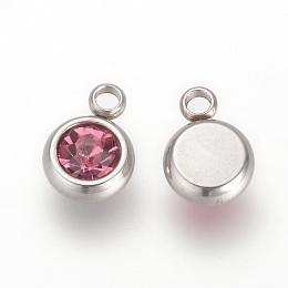 Honeyhandy 201 Stainless Steel Rhinestone Charms, Flat Round, Rose, 8.5x6x3mm, Hole: 1.5mm